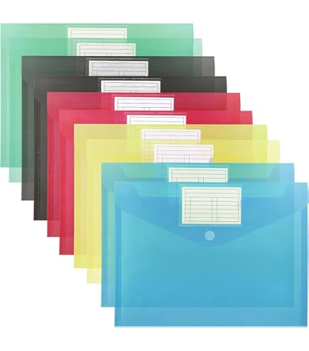 Pochettes Document A4 24 Pièces - 6 Couleurs, Fermeture à Pression, étiquettes, En PVC Transparent