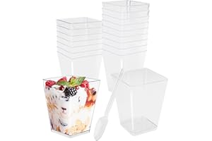 Vexillic Filiżanki deserowe 160 ml, 50 sztuk, prostokątne, z łyżeczkami, do wielokrotnego użytku, do lodów, puddingu, musu, na imprezę, piknik