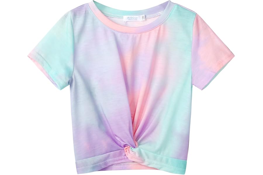 Arshiner Girls T-Shirts Twist Front Kids Summer Printed Round Neck Short Sleeve Tops Casual Fashion Tee Shirt for Girls 5-14 Years