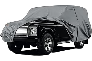 JUDANNA Autoabdeckung Wasserdicht für Land Rover Defender 110 1990-2016, Vollgarage Autoplane Auto Abdeckplane Winter Sommer Allwetter Outdoor Abdeckung mit Reißverschluss Tür, Windschutzbänder, Grau