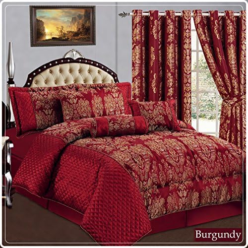 Luxury Jacquard 7 Piece Comforter Set, Quilted Bedspread Include 1 X Bedspread 2 X Pillow 1 X (Valance Sheet Cushion Cover Decorative Pillow &amp; Neck Pillow) With Matching Curtains (Ruby Burgundy, Double Bedspread + (66"x72") Ring Top Curtain)