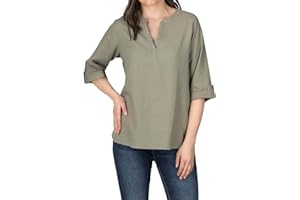 DENIMFY Lniana bluzka damska na lato, lekka, regularny krój, lniana bluzka z rękawami 3/4, dekolt w serek, jednokolorowa, biała, beżowa, zielona, S, M, L, XL, XXL