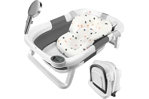 RUBESSIA Grand Baignoire Pliable Bébé avec Thermomètre à eau, Rince Tete Bebe pour bébé convient aux nouveau-nés aux tout-petits dispose d'un tapis antidérapant et de trous de drainage thermomètre (Grey)
