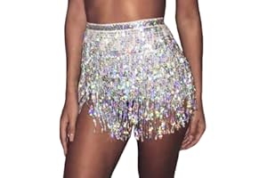 Aohhy Women's Belly Dance Skirt Costume Sequin Tassel Skirt Hawaiian Hula Grass Costume Mini Rave Fringe Skirt
