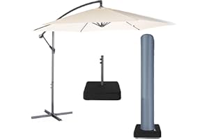 VonHaus Parasol with Weatherproof Fabric Base & Cover, 3M Cantilever Banana Umbrella for Outdoor, Garden, Patio, Sunshade Canopy with Hand Crank, Tilt & Rotate Function - Ivory