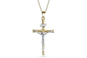 Bling Jewelry Traditional Christian Religious Jesus Inri Crucifix Cross Pendant Necklace For Women Men Two Tone Tri Color Gold Plated