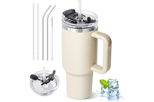 ZAKVOP Taza Termo cafe para Llevar, Taza Termica 1200ml con Tapa y Pajitas, Vaso Termico con Asa, Tumbler para Frío y Caliente, Travel Mug con Tapa Multifunción (Blanco Crema)