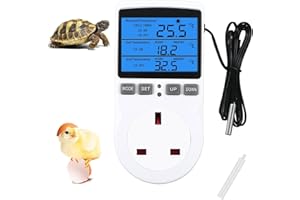XIEHUZA Backlit Digital Temperature Controller, LCD Screen Heating Cooling Thermostat Outlet Socket with Sensor Timer Regulator for Reptile Incubator Greenhouse Brewing Refrigerator, 220V, ℉/℃