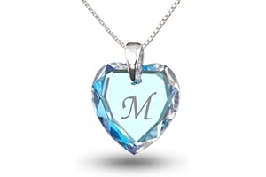 KRISTALLWERK Collana in argento 925, con ciondolo a forma di cuore contenente elementi di cristalli Swarovski e una lettera alfabetica incisa. Colore: azzurro. Personalizzabile