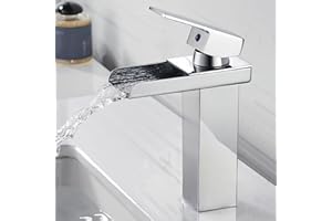 BOOXELY Robinet Salle Bain Cascade Chromé Mitigeur Lavabo en Laiton Moderne Carré Robinet Lavabo Bec Large Mitigeur Salle de Bain Robinet Lave Main Argent, eau Froide et Chaude，G3/8