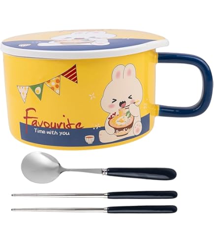 PANJAZE Japanse keramische kop en kom met instant noedels, magnetron keramische noedel, grote capaciteit Instant noedel kom met deksel, servies met handvat (Color : 900ML