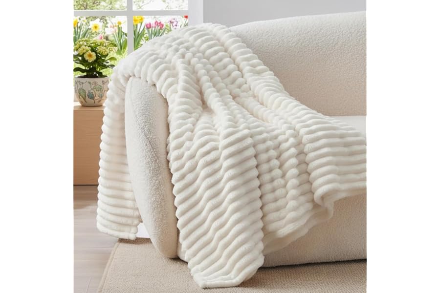 BEDELITE Fluffy Fleece Throw Blanket, Striped Decorative Soft Warm Gift for Sofa Bed Couch, Throw Size, Cream White