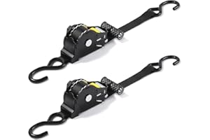 PAMATIO 2 Pack Auto Retractable Ratchet Straps, Heavy Duty Tie Down with S Hooks, 680kg/1500lbs Break Strength, Retractable Straps With Ratchet, for Motorcycle, Truck, Trailer, Cargo, Van