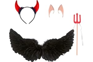 HERYAMESS Alas Negras de ángel,Diadema de Cuernos de Diablo,Disfraz de Ángel Negro,Disfraz de Alas de ángel,para Cosplay Carnaval Navidad Halloween Fiestas de Disfraces