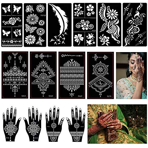 14 Hojas Henna Tatuajes Temporales Plantillas, Mehndi Templo, árabe Indio Pintura Arte Mano, Cuerpo
