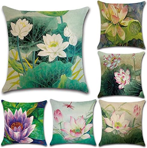 Set of 6 Fashion garden lotus Linen Pillowcase Sofa Home Decor Cushion Cover 45x45cm 18X18 inch