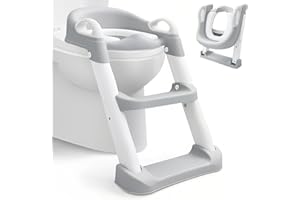 HIBTN Adjustable Toilet Training Seat for Kids 1-7 Years - Upgrade Anti-Slip Children's Potty Seat with Step Stool & Foldable Design | Fits UK Round Toilets|(Grey)