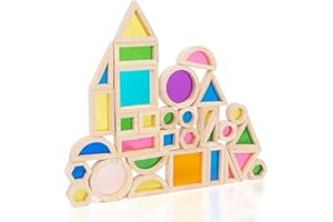 WOODENFUN Montessori, 32 blocchi di luce in acrilico arcobaleno, per bambini, in legno di gomma, trasparenti, arcobaleno, acrilico