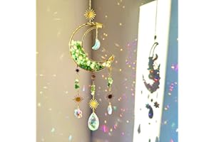 Cnwinu Crystal Suncatcher, Gold Moon Catchers Hanging with Chain Pendant Ornament, Rainbow Sunlight Deco, Wind Chimes for Window Bedroom Car Home Garden Party Decorations (Hourglass Moon Green)