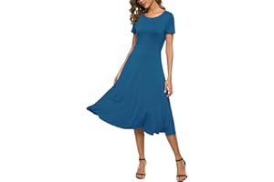 EXCHIC Mujeres Casual Sólida Cuello Redondo Midi Vestido Elástico Manga Corta Verano Vestido Largo