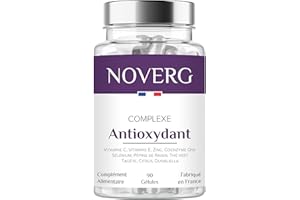 NOVERG Antioxydant | Anti-Age Puissant + Belle Peau + Booster de Collagène | Vitamines C & E, Zinc, CoEnzyme Q10, Sélénium, Pépins de raisin | Vegan | 90 Gélules | Cure de 45 jours | Fabriqué en France