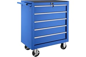 TecTake® Robust Tool Cabinet on Wheels, 5 Lockable Drawers, Anti-Slip Mats, and Parking Brakes. Made from Powder-Coated Steel, a Versatile Storage Box for Tools and Equipment - blue