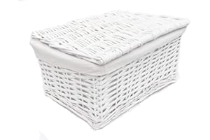TOPFURNISHING Black White Brown Oak Lidded Wicker Storage Toy box Empty Xmas Hamper Basket Lining (White, Small (30x20x11.5cm))