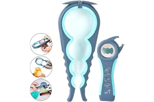 Apribarattoli Multifunzione 5 In 1 – Apribottiglie Ergonomico Con Manico In Silicone, Antiscivolo, Per Mani Deboli, Anziani E Bambini (Blu, Confezione Da 2)