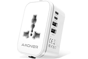 Amoner Adattatore Universale da Viaggio, Presa Universale da Viaggio 2 USB C e 2 USB A, 2KW Adattatore Presa per Inglese, Americana, Svizzera, Francia, Giappone, Italiana, Irlanda e 200+ Paese