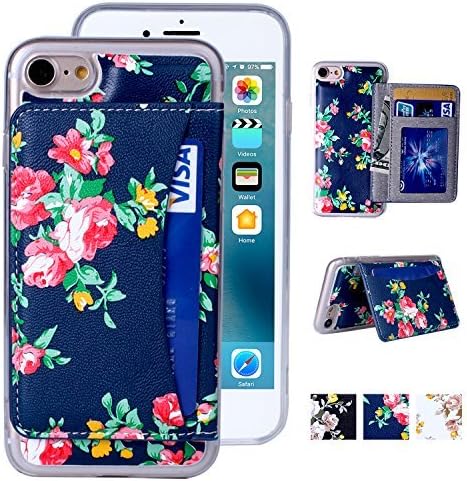 iPhone 7 Case, iPhone 7 Wallet Case, Tripky Flower Floral Flip Folio Wallet Cases PU Leather Magnetic Holster Phone Case for iPhone 7 with [kickstand] [3 Card Slots]-Navy Blue