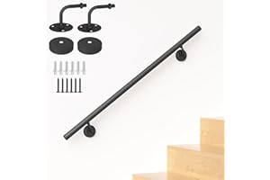 NArra 2FT Industrial Metal Stair Handrail,Round Pipe Stair Railing For Indoor/Outdoor Steps,Wall Mount Support Staircase Handrail,440LBS Load Capacity Hand Rails,Safety Grab Bar Porch Stairway Railing