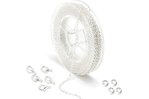 ALEXCRAFT Cadenas de collar de plata para hacer joyas, carrete de cable de 1,5 mm, cadena de plata chapada en oro de latón para manualidades, pulseras, joyas, cadena de bricolaje con 20 cierres de