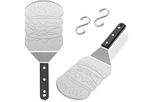 Metal Spatula Set of 2, HaSteeL Large 13 x 5In Burger Turner Flipper with ABS Handle, Heavy Duty Griddle Tools for Flat Top Teppanyaki Grilling Camping Cooking, Laser Carved Pattern & Dishwasher Safe