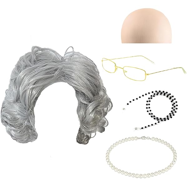 Oma-Kostüm-Set (6-teilig) – Perücke, Brille, Perlenkette & Zubehör Für Cosplay, Karneval & Halloween (ab 14 Jahre)