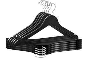 ABHENG AWY0310B Wooden Clothes Hangers with Non-Slip Trouser Bar and 360° Rotating Hook, Notches in the Shoulder Area, Made of Natural Wood, 44.5 W x 23 H cm, Black + Silver, Pack of 10