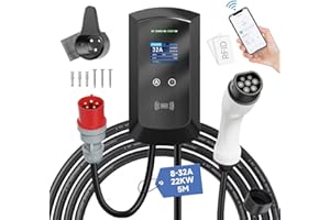 Afyeev 5M Tipo 2 EV Cargador Trifásico, 8A-32A Conmutable Cargador de Vehículo Eléctrico, EV Cargador con Smart App 32A Tipo 2 22kW