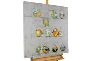 KunstLoft Leinwandbild | 100% HANDGEMALT | 80x80cm | Gemälde 'Zwitschern im Morgentau' | Flugvögel | Bunt Grau | Wandbild Wohnzimmer