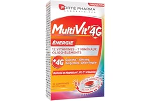 Forté Pharma - Multivit' 4G Energie | Complément Alimentaire Forme et Tonus - 12 Vitamines, 7 Minéraux, Guarana, Gelée royale, Ginseng, Gingembre - Fatigue, Irritabilité | 30 comprimés Bi-couches