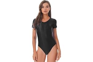 YUUMIN Glossy Bodysuit Damen Kurzarm Sport Rundhals Turnanzug Glitzer Gymnastikanzug Turnen Ballett Tanz Trikot Gymnastik Leotard Tanzbekleidung