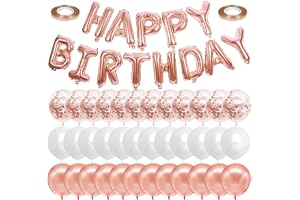 Beauenty Rose Gold Happy Birthday Balloon Banner White And Rose Gold Confetti Balloons for Women Girls Birthday Party Decorations