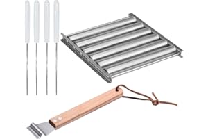 PACIENJO Rouleau Saucisse Barbecue Avec Manche En Bois, Hotdog Roller Saucisse Roller Pour Grill, Acier Inoxydable Saucisse Roller Rack, 6 Rouleaux Pour 5 Hot Dogs, Anti Brûlure, Chauffer Uniformément