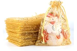 CLTPY 100 Stück Gold Organzasäckchen 13x18 cm Druck Schmuckbeutel Organzabeutel Geschenkbeutel Hochzeit Säckchen mit Kordelzug für Festival Geburtstag Party