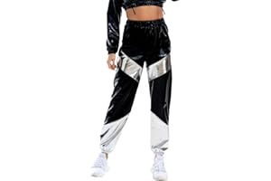 KBOPLEMQ Pantaloni lunghi da donna metallizzati a vita alta, per jogging, streetwear, look bagnato, hip hop, pantaloni lunghi metallizzati, lucidi, pantaloni da jogging