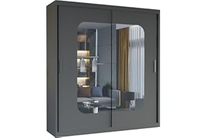 MN FURNITURE Modern Double Sliding Door Wardrobe 2 Mirrored Hanging Rails & Shelves Storage Cabinet for Bedroom (150cm, Marika Grey)