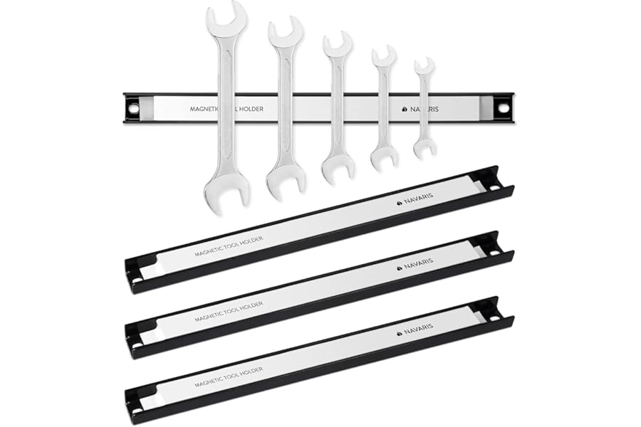 Navaris Set of 4 Magnetic Tool Holder Rack - 12 Inch Heavy Duty Garage Wall Holder Strip for Tools - Tool Bar with Magnet for Screwdriver, Wrench