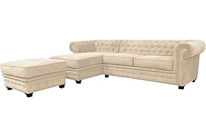 SOFAS AND MORE Chesterfield Style Corner Sofa Set 3+2 Seater Armchair Cream Fabric (Left Hand Corner With Footstool)