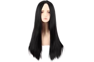 MapofBeauty 28 cali/70 cm monochromatyczna grzywka boczna długa prosta modna peruka z włókna wysokotemperaturowego (czarna)