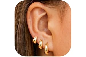 Kabwea 6 Pcs 14K Small Chunky Hoop Earrings Set for Women, 14K Gold Plated, Lightweight Gold Hoop Earrings, Helix Piercings, Piercing Gold, Piercing Ring Gold, for Women (1 Pair)