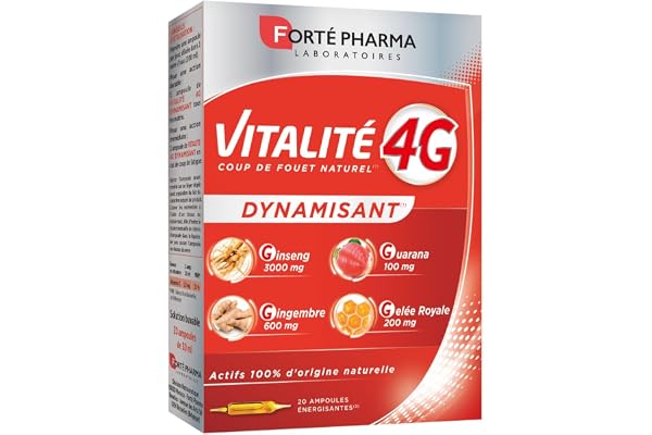 Forté Pharma - Vitalité 4G Dynamisant | Coup de fouet naturel | Complément Alimentaire Energie immédiate - Ginseng, Gingembre, Guarana et Gelée Royale | 20 ampoules = 20 jours