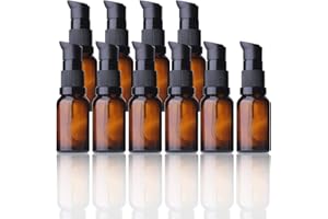 SURAKEY Botellas de cristal vacías de color marrón, 5 unidades, 15 ml, rellenables, dispensador de loción, botella de cristal ámbar con bomba de aceites esenciales, botellas de viaje, botellas de loción,